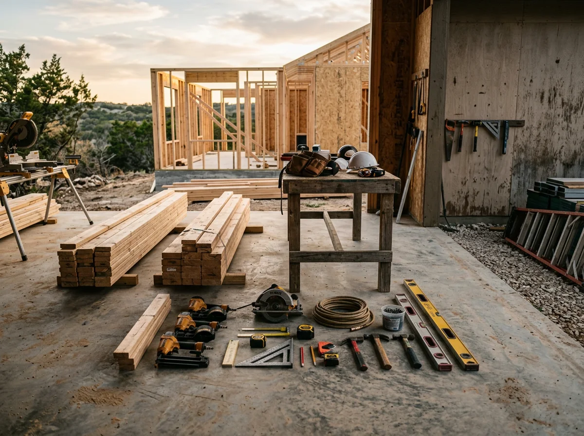 Construction crew tools and materials on a job site, showcasing the equipment and workspace typical of residential framing and remodeling projects.