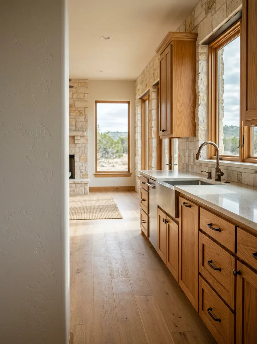 Interior cabinet and trim installation inside a ranch-style home remodel in Bandera, Texas, showing new wood cabinetry and flooring in a kitchen with Hill Country views through the window.