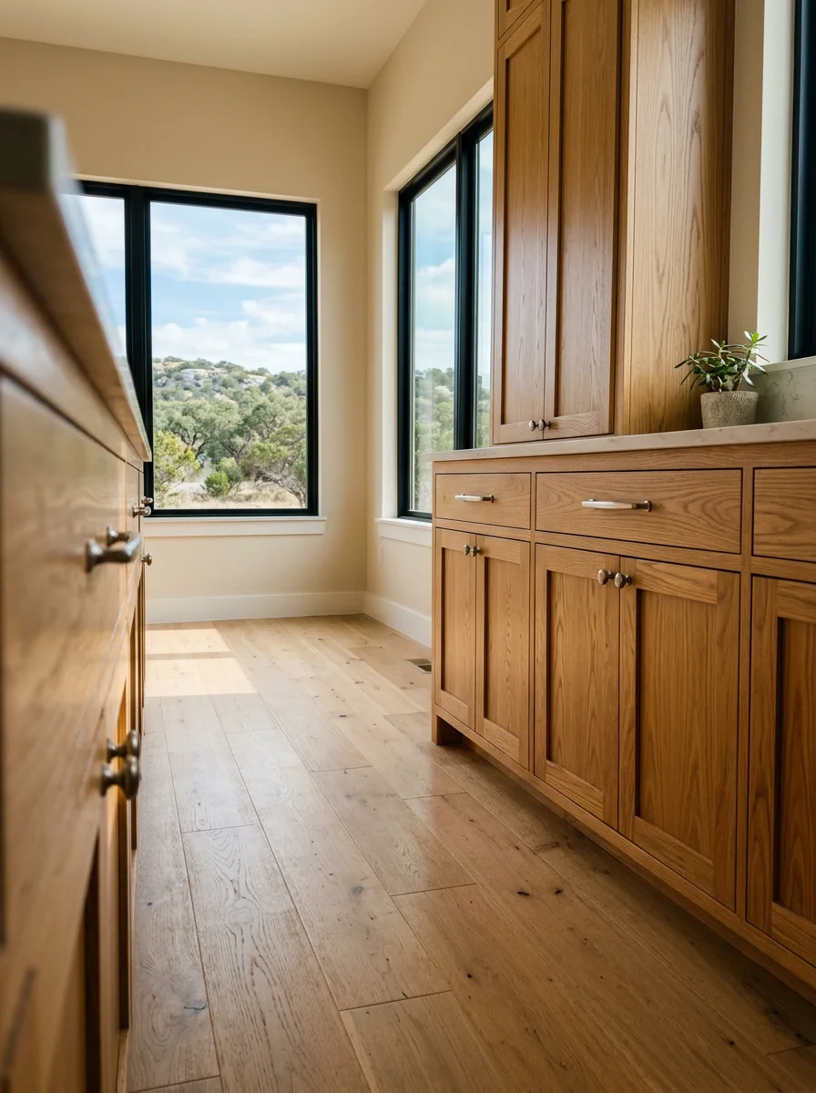 Interior trim and cabinet installation in a custom new construction home in Burnet, Texas, showing finished wood cabinetry and plank flooring with Hill Country views through large windows.