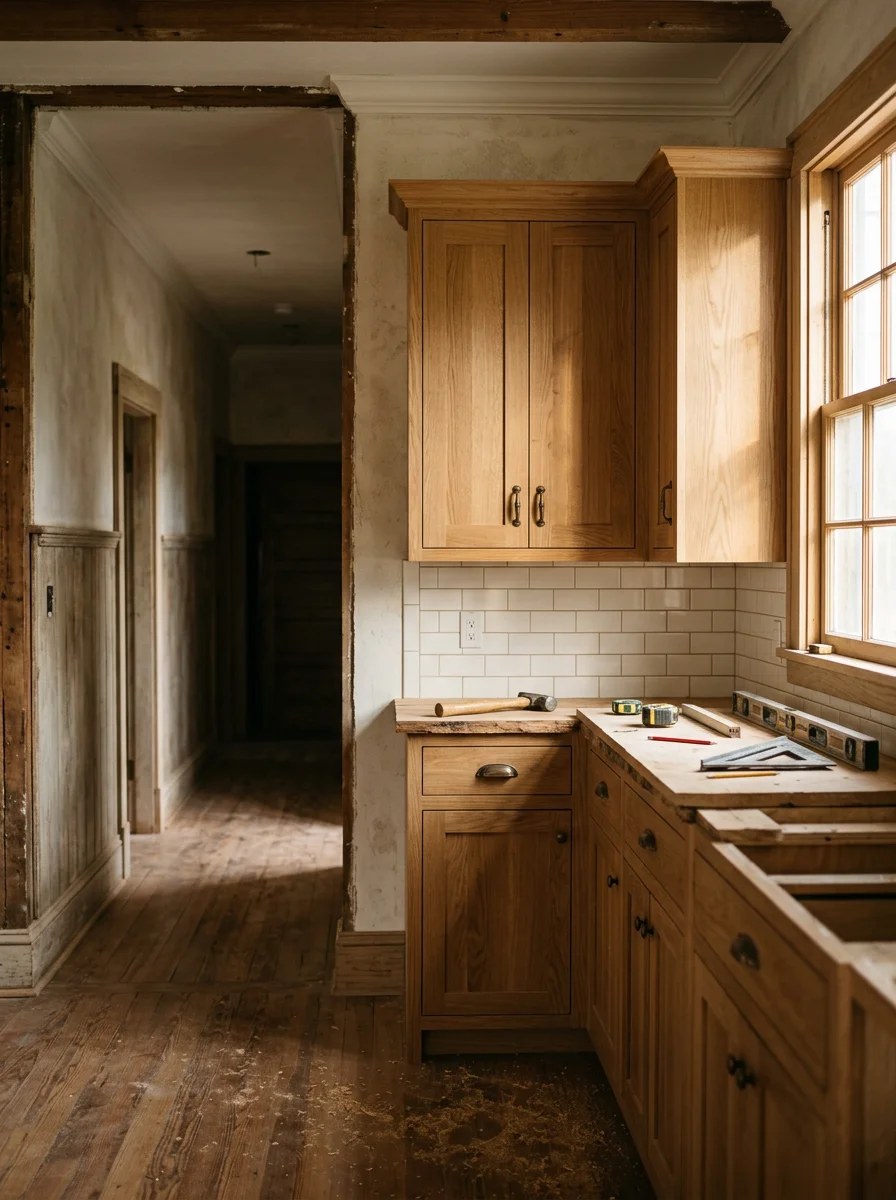Kitchen remodel in progress inside an older Comfort, Texas home showing new cabinet installation and interior trim work with original wood floors visible in the adjacent room.