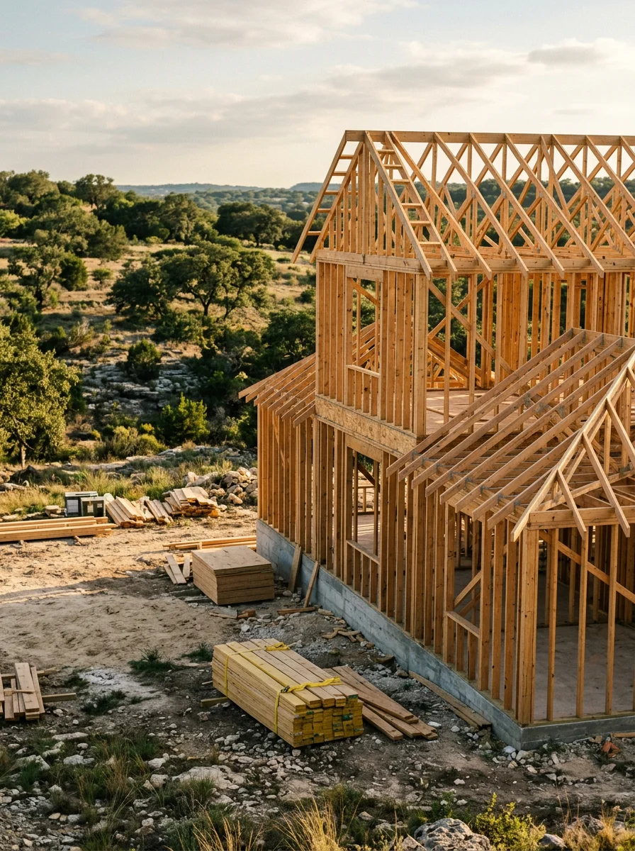 New construction framing on a large acreage lot north of Fredericksburg, Texas, with rolling Hill Country terrain and live oak trees in the background.