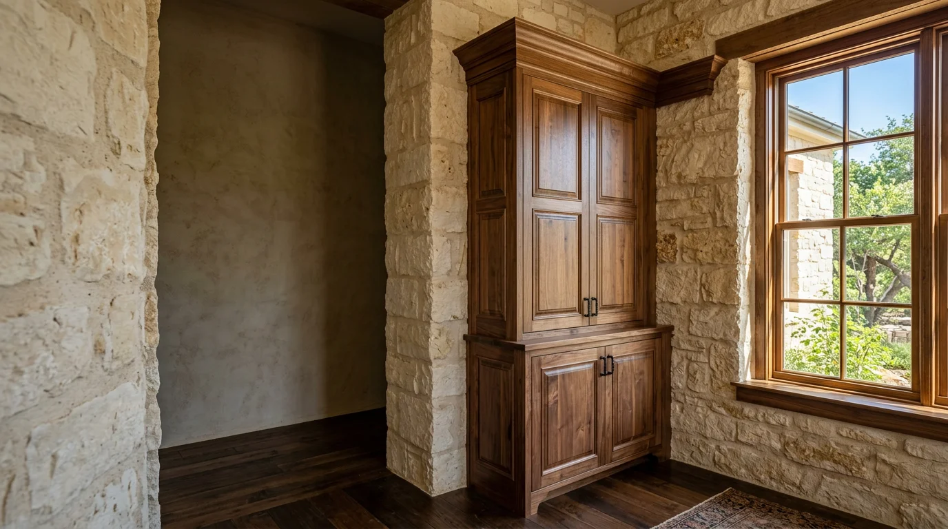 Custom wood interior trim and cabinet installation inside a restored Hill Country home near downtown Fredericksburg, Texas, with limestone walls visible in the background.