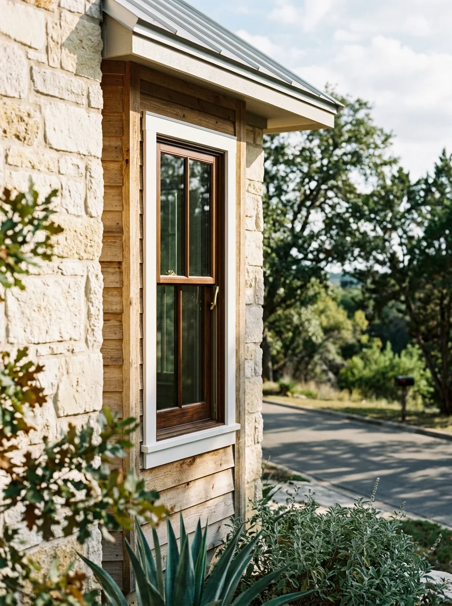 Exterior window installation on an established Kerrville, Texas home showing trim replacement work along a residential street near the Guadalupe River corridor.