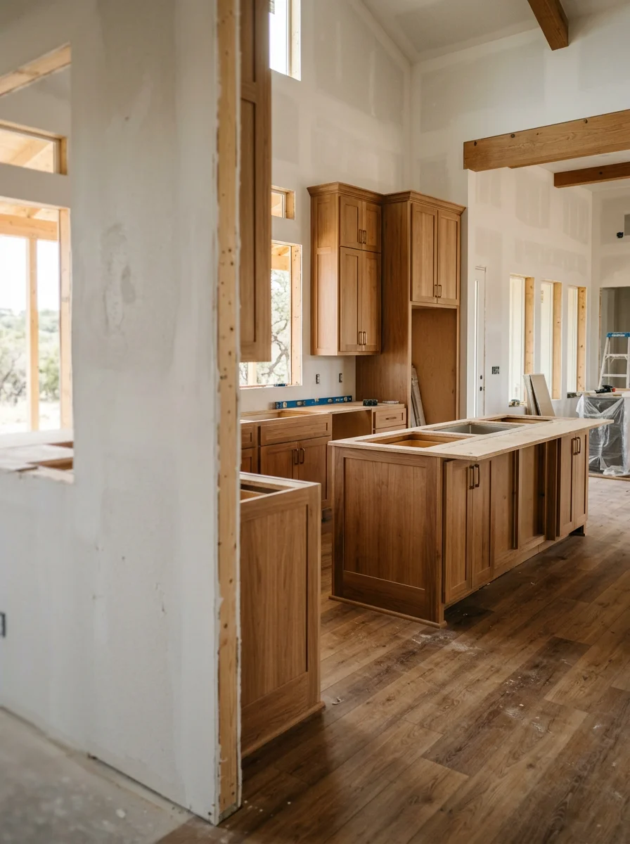 Interior trim and cabinet installation in a newly framed home in Marble Falls, Texas, showing finished wood cabinetry and luxury vinyl plank flooring in an open-concept kitchen.