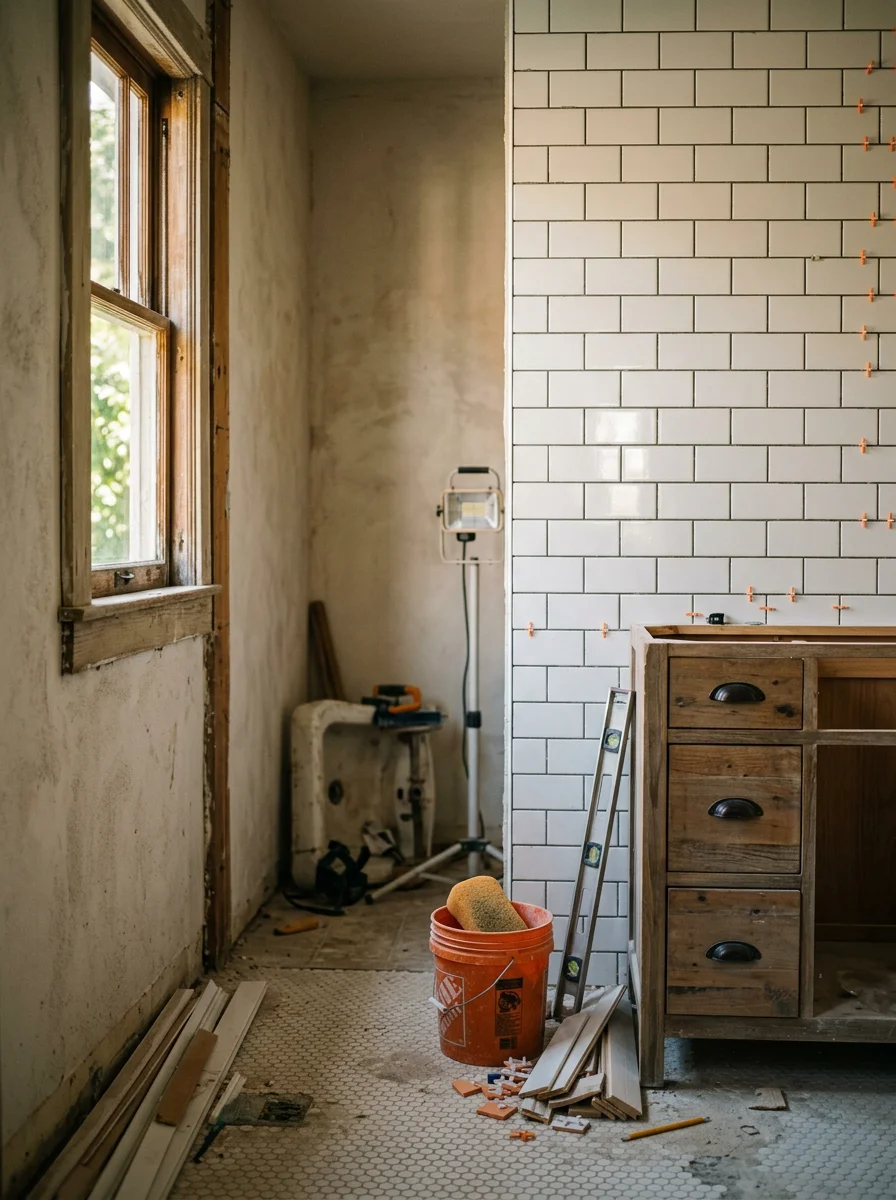Bathroom remodeling work in a historic San Antonio neighborhood home showing new tile, cabinet install, and interior trim in a compact bathroom with original plaster walls.