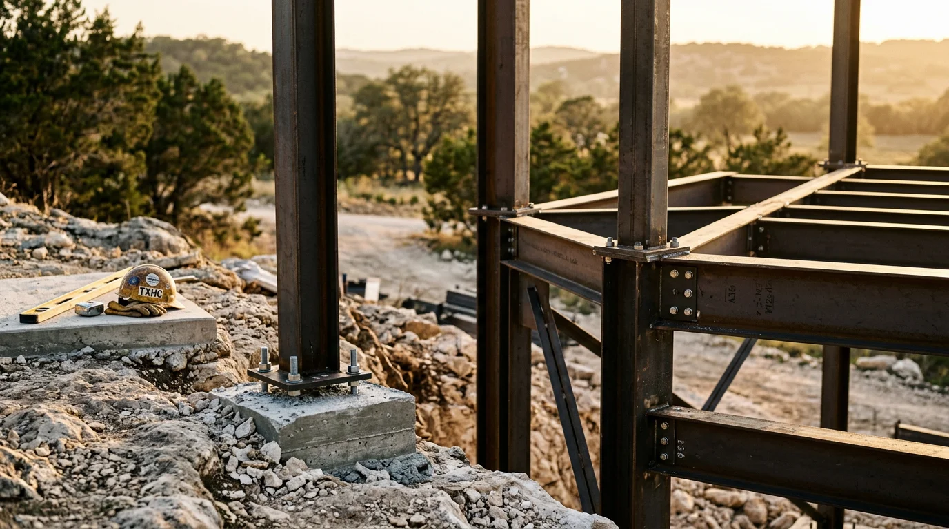 Structural steel beams and posts installed inside a custom home under construction in the Texas Hill Country near Fredericksburg. Exposed architectural steel framing supports a wide open floor plan with high ceilings and large window openings.