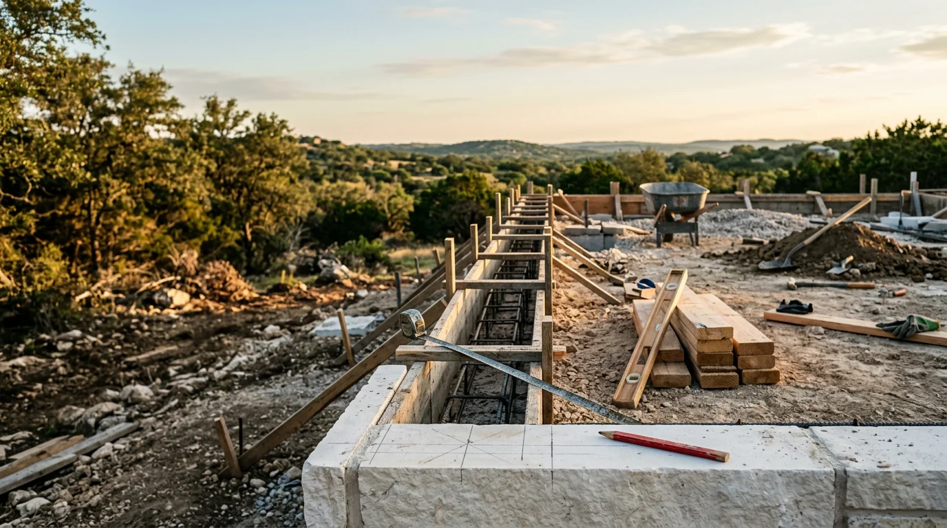A finished custom barndominium on a rural Hill Country property near Fredericksburg, Texas, with a metal roof, open-span steel frame exterior, and a large attached shop bay. The structure sits on cleared limestone terrain with cedar and oak trees in the background.