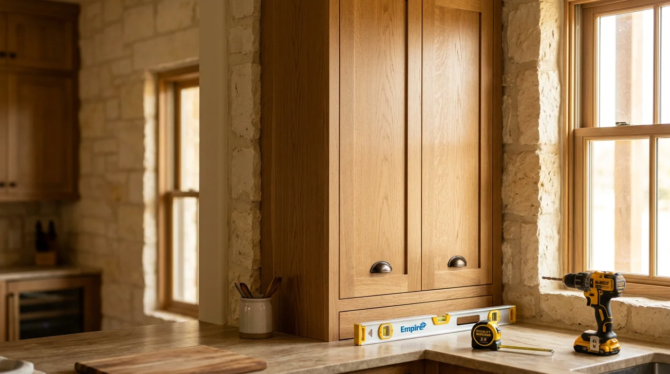 Newly installed kitchen cabinets in a Texas Hill Country home near Fredericksburg, showing level upper and lower cabinet runs with consistent reveals and clean corner joints. A carpenter from Brenner and Sons Construction checks cabinet alignment during installation in a residential kitchen.