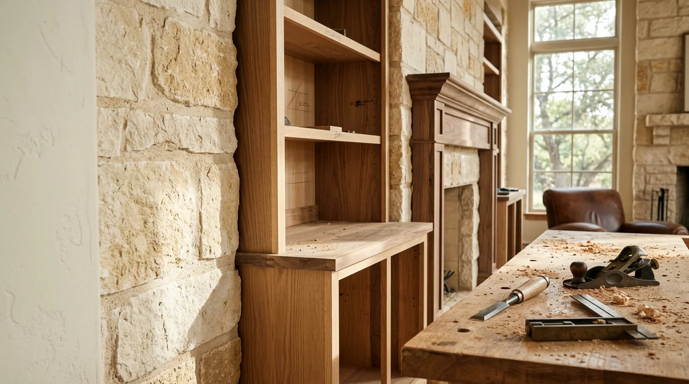 Custom built-in wood shelving with detailed millwork installed in a Hill Country home interior in Fredericksburg, Texas. The natural wood tones complement the room's rustic and modern design.