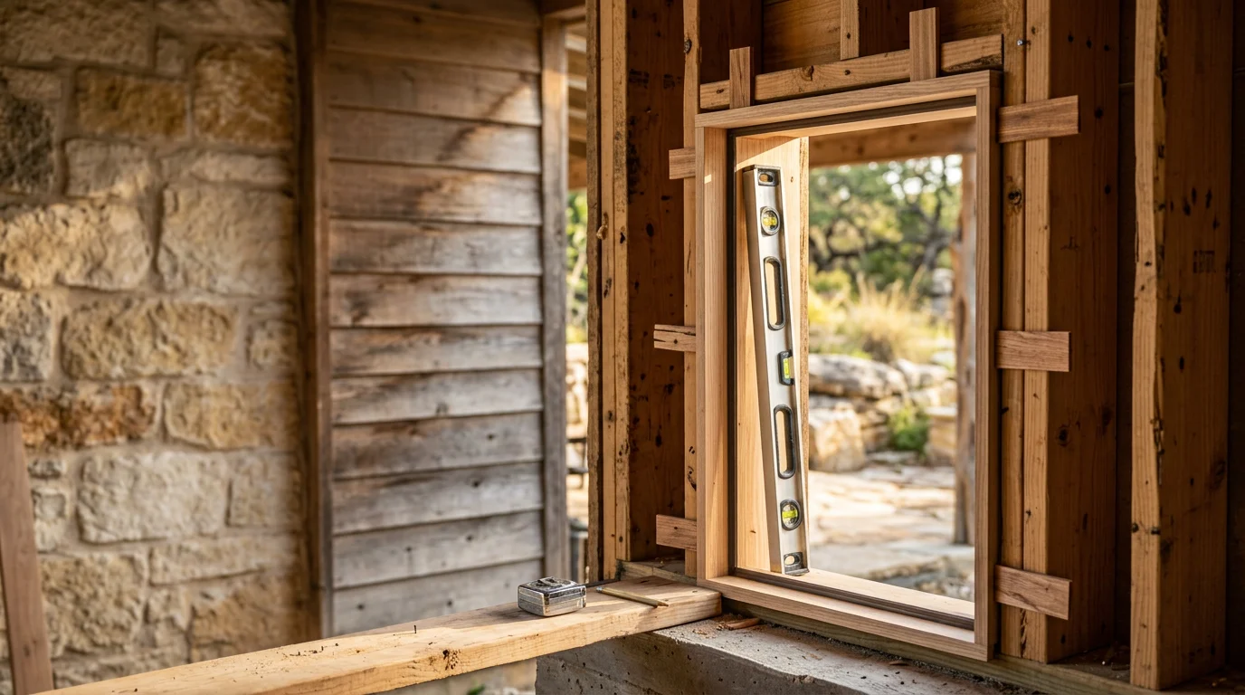 A newly installed exterior door on a Hill Country home near Fredericksburg, Texas, with a fitted frame and clean trim work. The door is viewed from the exterior, showing a properly hung slab set flush and level within the opening.