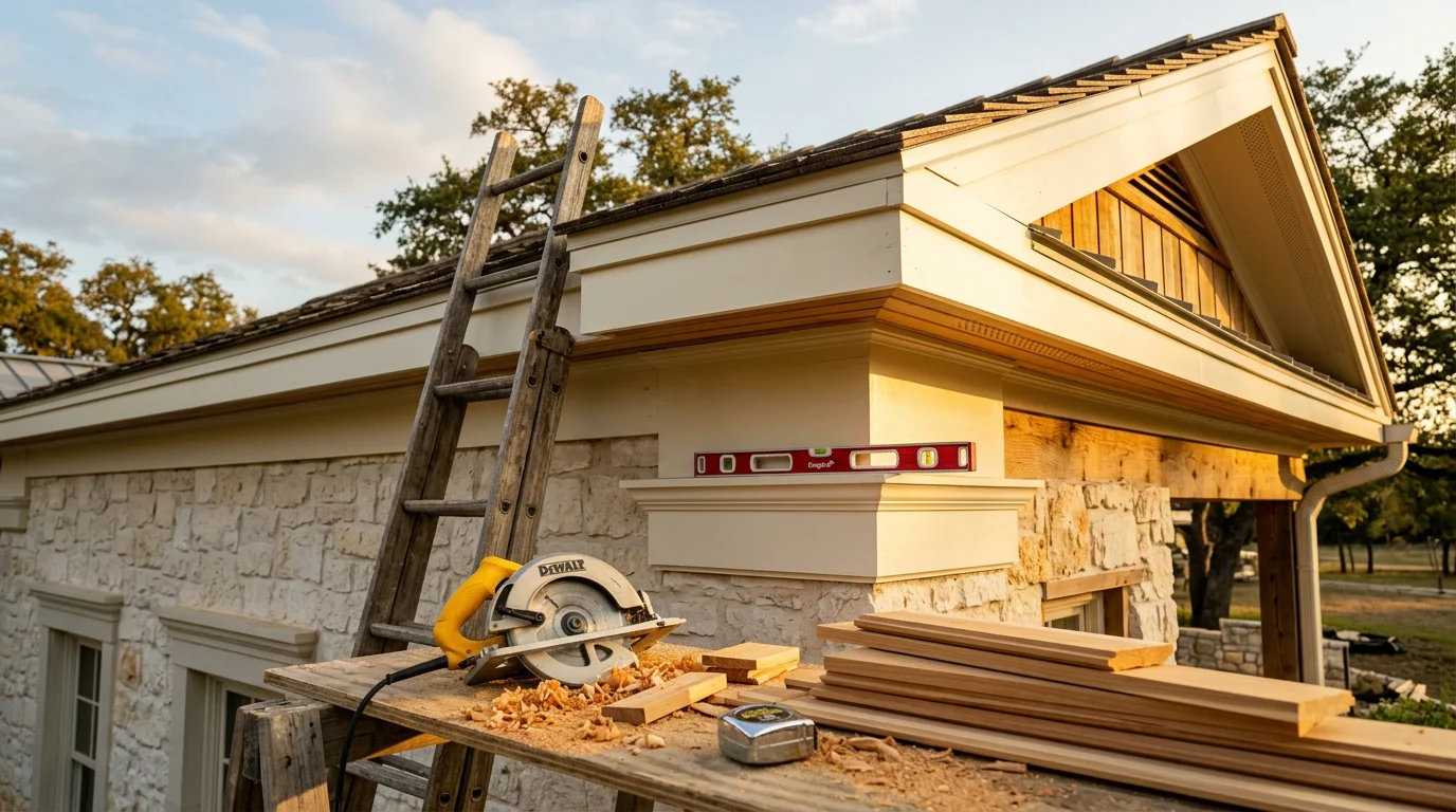 Finished exterior trim installation on a Hill Country home in Fredericksburg, Texas, showing clean wood trim fitted around a window with tight joints and a painted exterior wall.