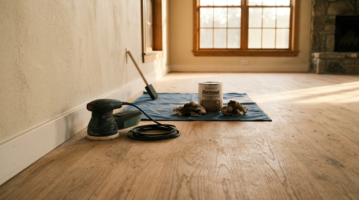 Freshly finished hardwood floor in a Texas Hill Country home near Fredericksburg, showing a smooth, even stained surface with clean edges along the baseboards. Natural light from a window highlights the grain and sheen of the completed flooring finishing work.