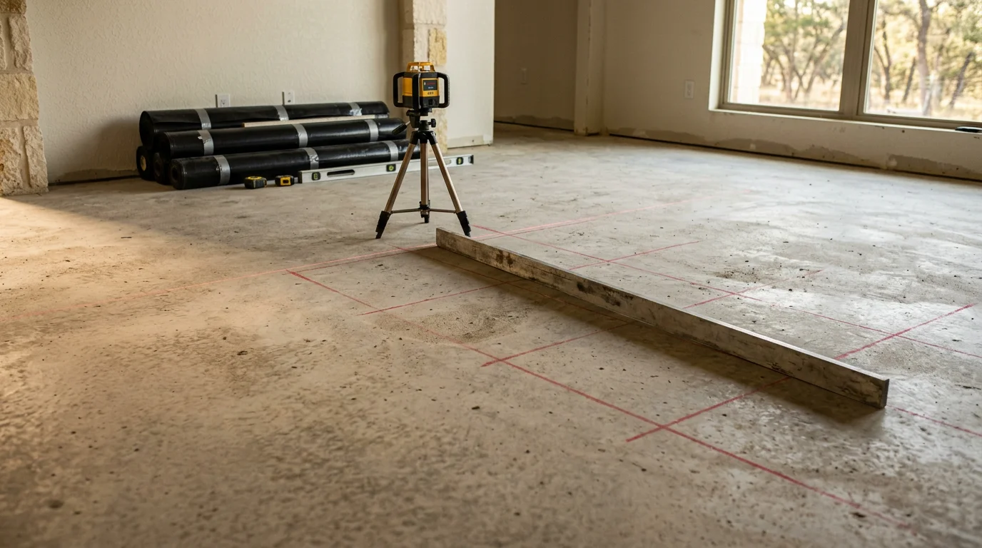 Freshly installed flooring in a Hill Country home near Fredericksburg, Texas, showing clean transitions between rooms and a finished living area. The wide-open layout reflects the ranch-style construction common across Gillespie County.