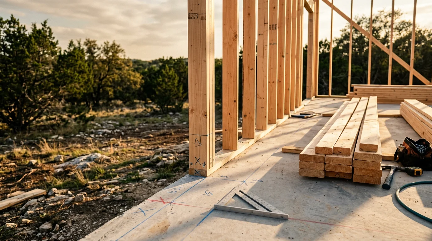 Residential wood framing in progress on a Hill Country property near Fredericksburg, Texas, showing wall studs, floor joists, and roof framing against an open sky. A partially framed single-story home structure sits on a sloped lot typical of the Fredericksburg area.