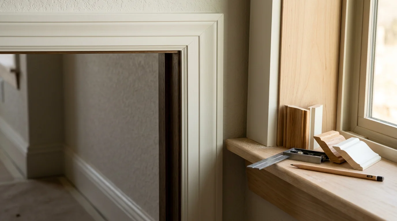 Freshly installed white crown molding and baseboards in a Fredericksburg, Texas home interior, with clean corner joints and painted walls. A carpenter's work area shows trim pieces fitted along the base of a Hill Country home's living room wall.