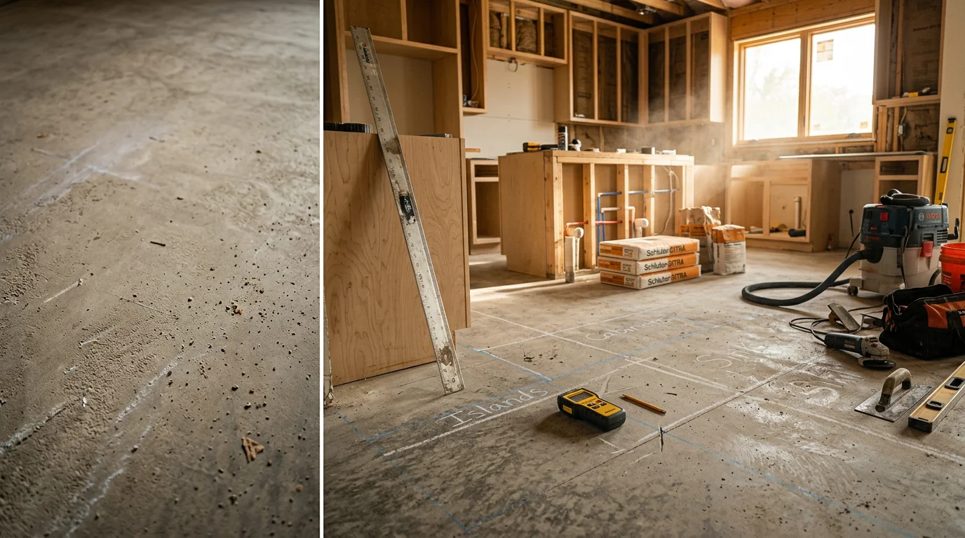 Newly installed kitchen flooring in a Texas Hill Country home near Fredericksburg, showing a clean flat surface running from the cooking area to the dining space. The floor meets the base of the cabinets with tight, even seams throughout the kitchen.