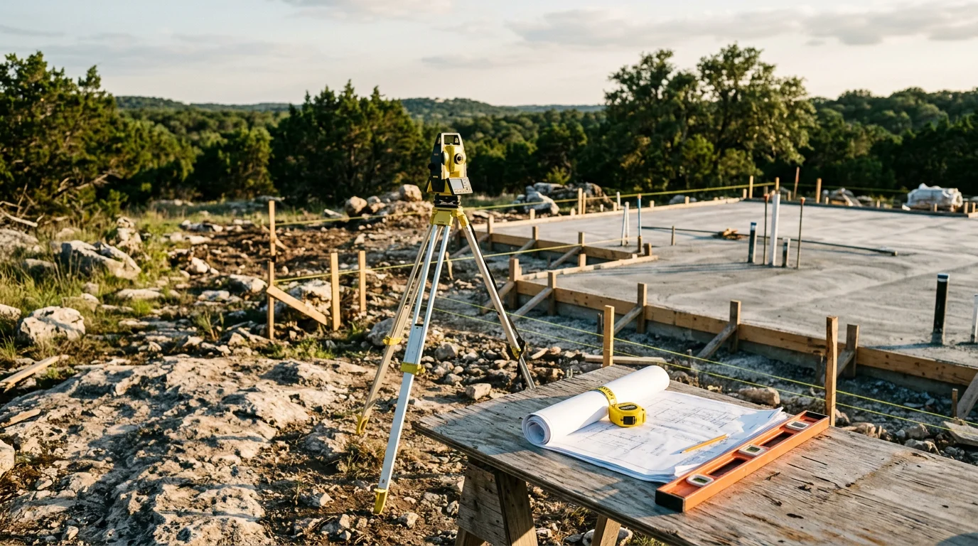 A newly constructed Hill Country home on a Fredericksburg area acreage lot, showing a completed exterior with a metal roof and stone facade against a clear Texas sky. Brenner and Sons Construction new home build in Gillespie County, Texas.