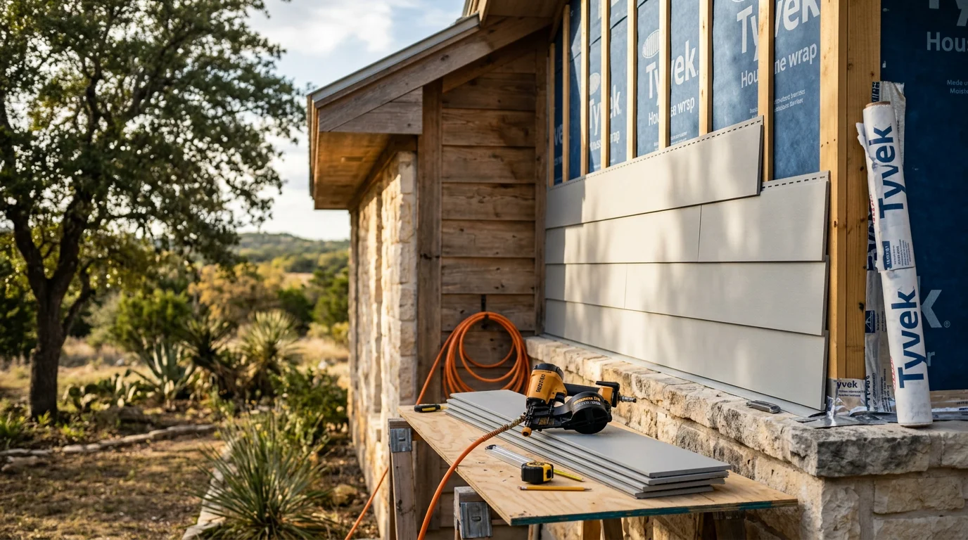 Freshly installed siding on a Hill Country home in Fredericksburg, Texas, with clean trim lines and a finished exterior ready for the Texas sun. The siding runs along the full front face of the house, showing tight seams and proper corner work against a clear Texas sky.