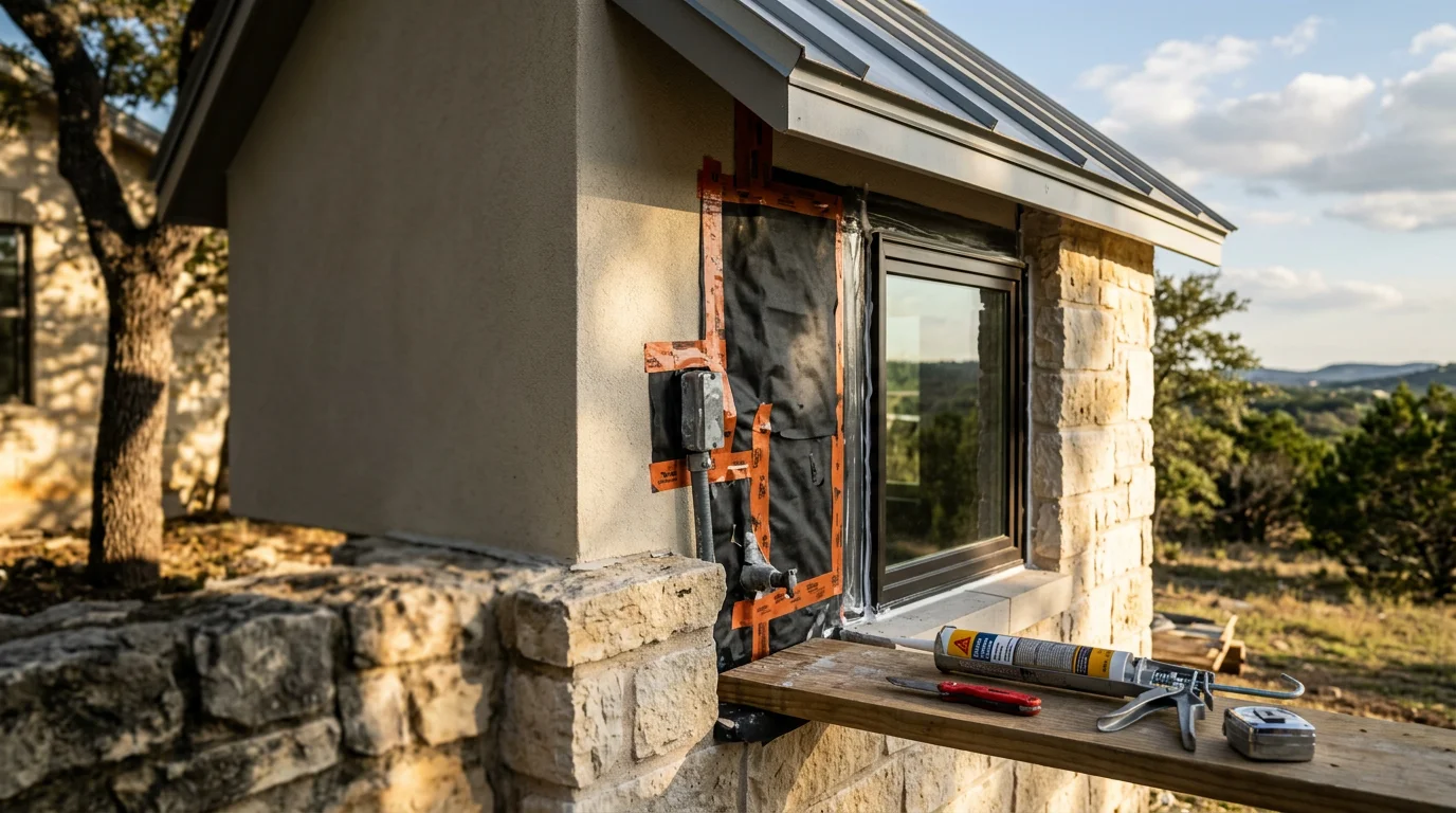 A contractor applying waterproofing sealant along the exterior wall seams of a Hill Country home in Fredericksburg, Texas. The work focuses on the transition points between the wall cladding and window framing where moisture commonly enters.