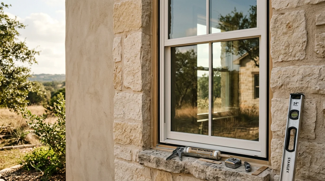 A freshly installed window on a Hill Country home exterior in Fredericksburg, Texas, with clean trim work and a tight frame seal against a limestone wall. The window sits flush and level, showing a completed professional installation on a residential property.